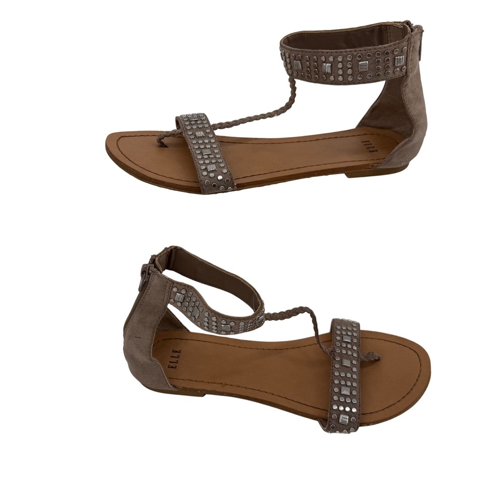 Elle Lulu Buff Sandals Women 8.5 Taupe Studded Gladiator T-Strap Flat Zipper